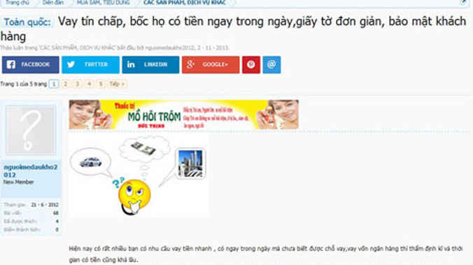 Trang rao vặt của một đường dây tư vấn tài chính ở Hà Nội.