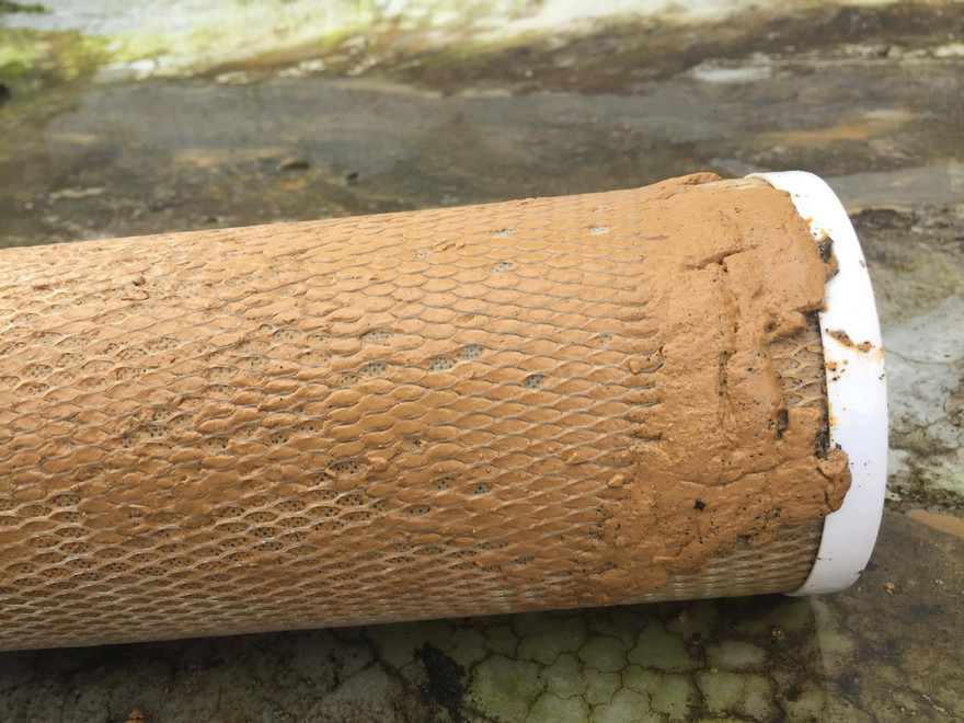 Lõi lọc của hệ thống lọc nước mà người dân tự mua dính đầy bùn đất