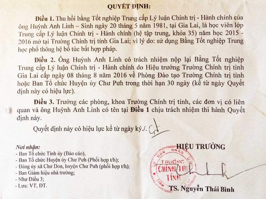 Quyết đinh thu hồi bằng trung cấp chính trị của ông Huỳnh Anh Linh 