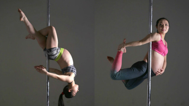 Zhao Zhitong vẫn thực hiện các động tác múa cột dù mang bầu 9 tháng.