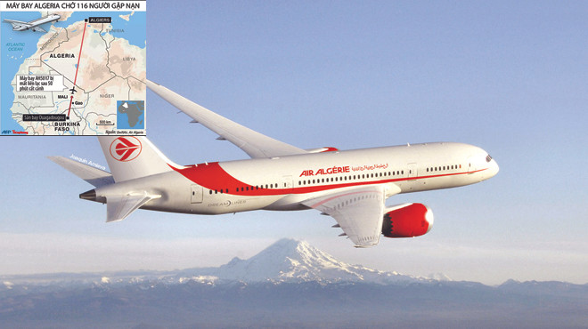 Chuyến bay AH5017 của hãng Air Algeria chở 116 người mất tín hiệu sau khi cất cánh 50 phút và đã rơi ở Mali. Đồ họa: Bảo Trân (nguồn: AFP)