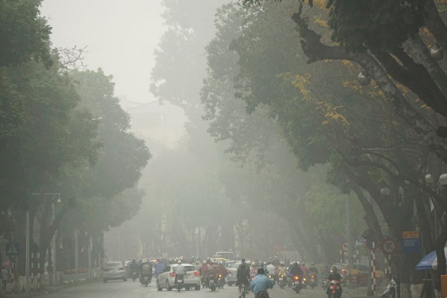 Đường phố chìm trong màn sương mờ trắng xóa từ sáng sớm.