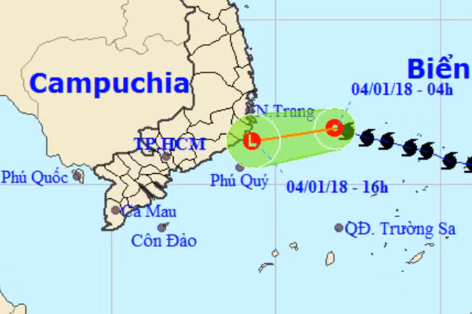 Vị trí và hướng di chuyển của áp thấp nhiệt đới (suy yếu từ cơn bão số 1). Ảnh: NCHMF.