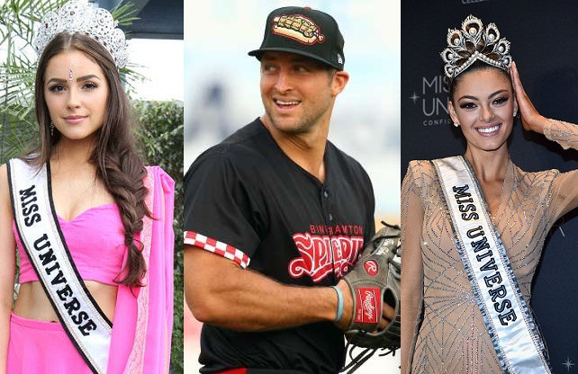 Tim Tebow (giữa) đang hẹn hò với Hoa hậu Hoàn vũ 2017 Demi-Leigh Nel-Peters (phải) sau khi chia tay với Hoa hậu Hoàn vũ 2012 Olivia Culpo (trái) được 2 năm.