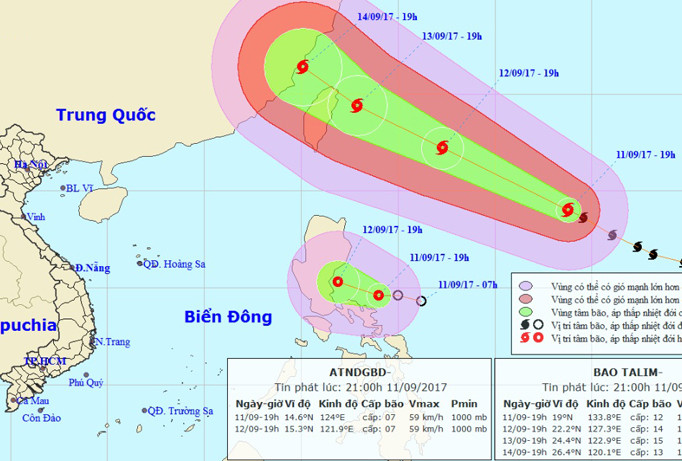 Vị trí, hướng di chuyển của bão Talim (hình trên) và áp thấp nhiệt đới. Ảnh: NCHMF.