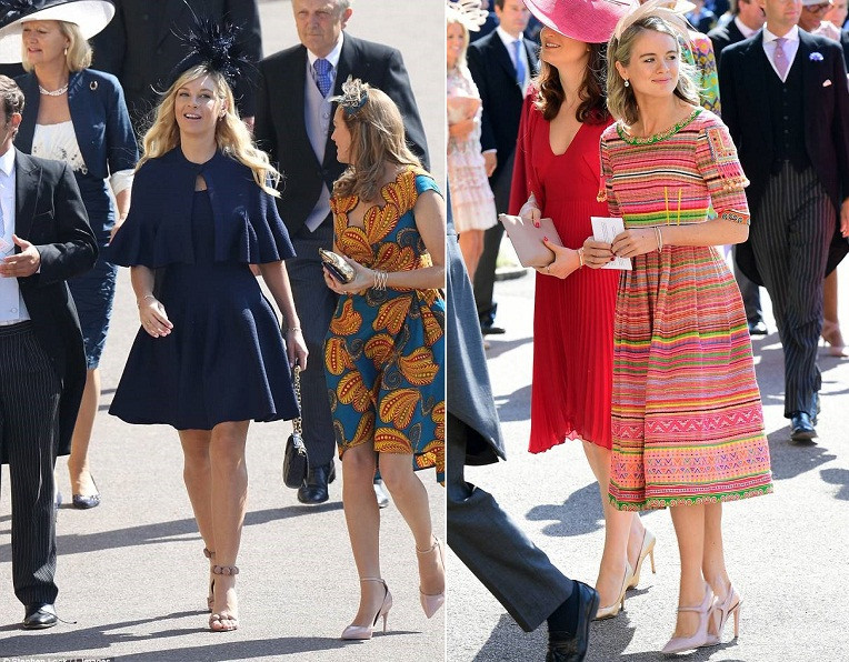 Chelsy Davy (trái) và Cressida Bonas đến dự đám cưới bạn trai cũ, Hoàng tử Harry.