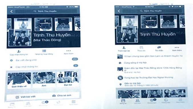 Trang Facebook bán hàng thật (bên trái) và trang Facebook giả (bên phải) có hình thức y chang khiến khách hàng dễ bị lừa.