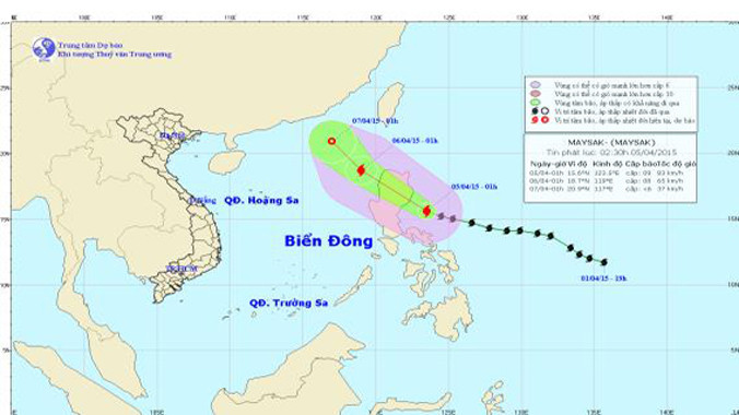 Vị trí và đường đi của bão Maysak. Ảnh: Trung tâm Dự báo khí tượng thủy văn TƯ. 