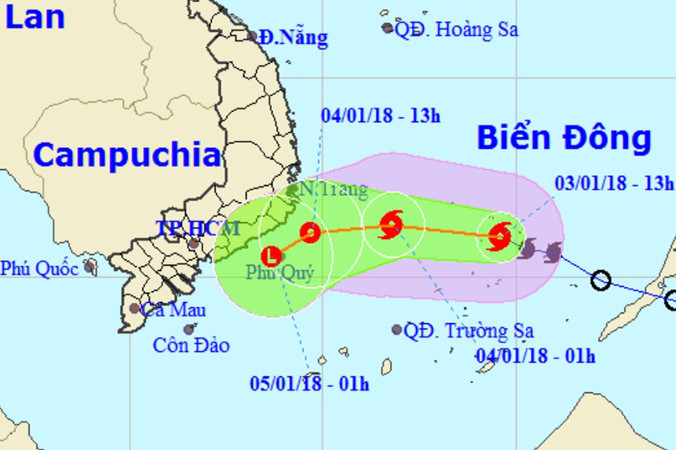 Vị trí và hướng di chuyển của cơn bão số 1. Ảnh: NCHMF.