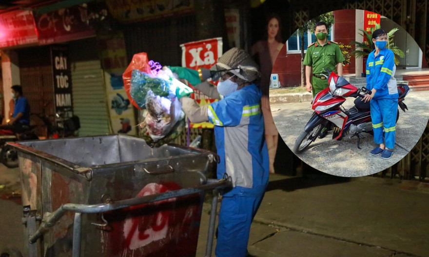 Chị T. đi làm vào tối 3/8 và cán bộ công an quận Nam Từ Liêm tặng chiếc xe máy cho chị T. (ảnh nhỏ).