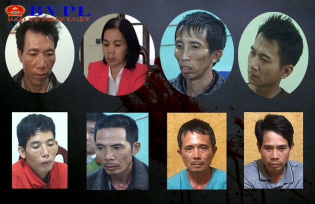 Băng nhóm tội ác (từ trái qua phải, từ trên xuống dưới): Lường Văn Hùng, Bùi Thị Kim Thu, Bùi Văn Công, Vương Văn Hùng, Lường Văn Lả, Phạm Văn Nhiệm, Phạm Văn Dũng, Cầm Văn Chương