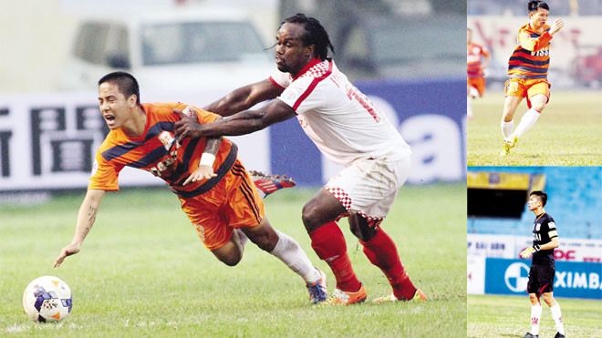 Một pha bóng trong trân V.Ninh Bình - Kelantan (ảnh lớn). Tiền vệ Trần Mạnh Dũng và thủ môn Nguyễn Mạnh Dũng (ảnh nhỏ) đóng vai trò lớn trong vụ án cá độ, dàn xếp tỷ số trận đấu tại CLB V.Ninh Bình. Ảnh: VSI