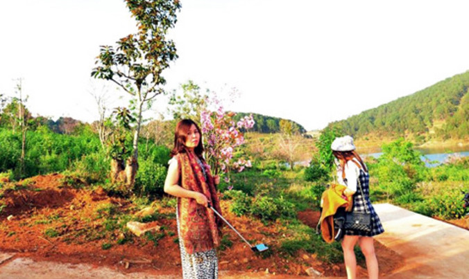 Ảnh bà Hiếu cầm bó hoa mai anh đào lan truyền trên mạng.