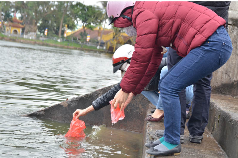 Thả cá chép tiễn Táo quân về trời theo mong muốn cầu chúc về một năm mới tốt lành, vạn sự như ý, mọi nhà được ấm no.