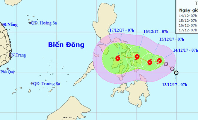 Vị trí và hướng di chuyển của bão Kai-tak. Ảnh: NCHMF.