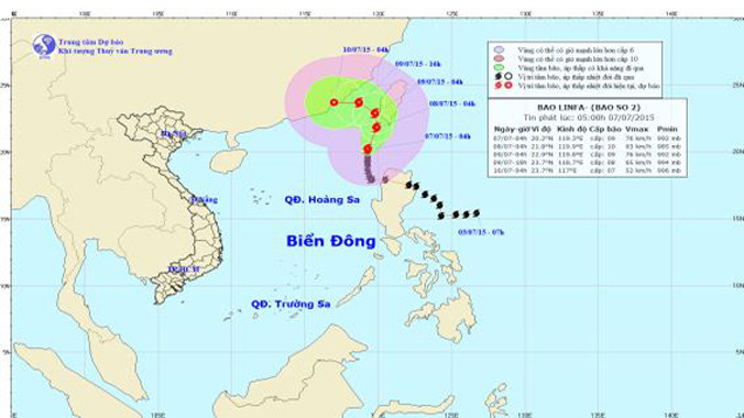 Dự báo đường đi và khu vực ảnh hưởng của bão số 2. Ảnh: Trung tâm Dự báo khí tượng thủy văn TƯ.