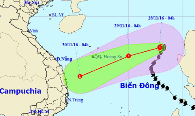 Hướng đi của bão số 9 theo dự báo của Trung tâm dự báo khí tượng thủy văn Trung ương. Ảnh: NCHMF.