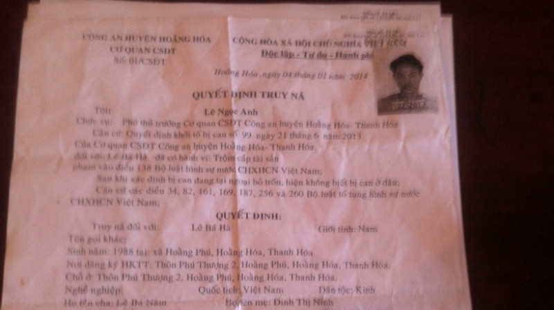 Lệnh truy nã đối với Lê Bá Hà.