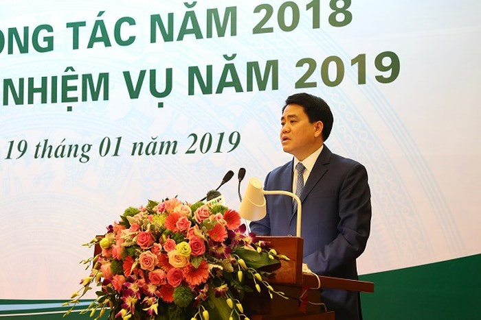 Chủ tịch UBND thành phố Hà Nội Nguyễn Đức Chung phát biểu tại hội nghị.