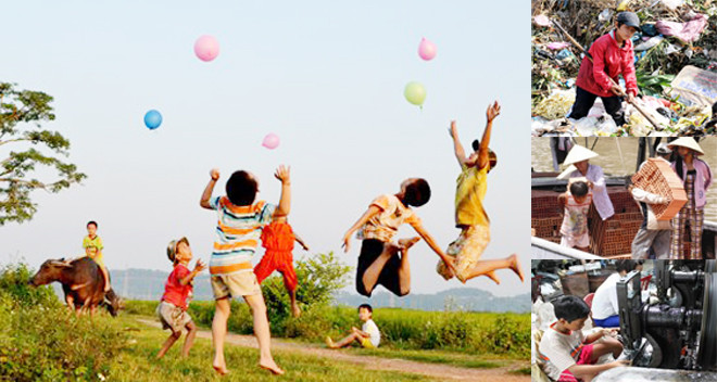 Tuổi thơ trong trẻo (ảnh lớn) và những đứa trẻ bị đánh cắp tuổi thơ (ảnh nhỏ). ẢNH: Hồng Vĩnh - TL