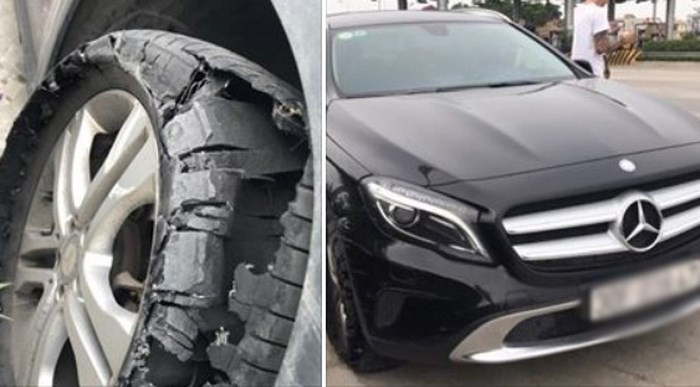 Chiếc xe và chiếc lốp hỏng trong câu chuyện được tài khoản Đỗ Minh Chi chia sẻ.