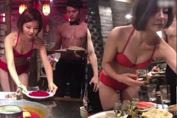 Nữ nhân viên gợi cảm trong nhà hàng.