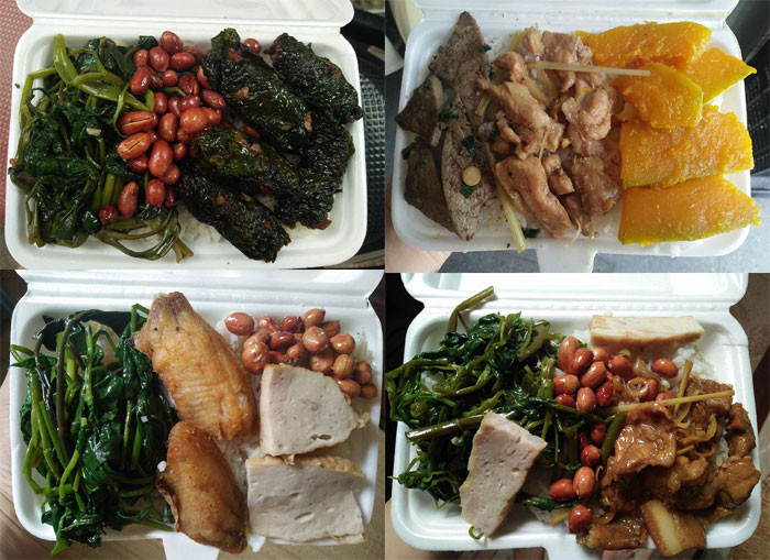 Mỗi suất cơm của chị Linh thường gồm 1 lạng thịt/cá, 2 chén cơm đầy, rau và thêm món phụ như lạc rang, đậu rán. Với lượng cơm và thức ăn này, người ăn khỏe cũng thấy vừa vặn, đủ no, còn người bình thường có thể dư cơm