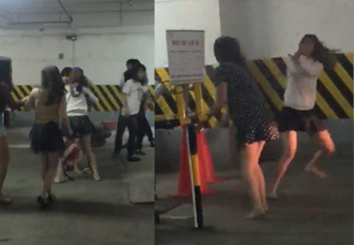Các cô gái của hai nhóm lao vào đánh nhau. Ảnh: Cắt từ clip