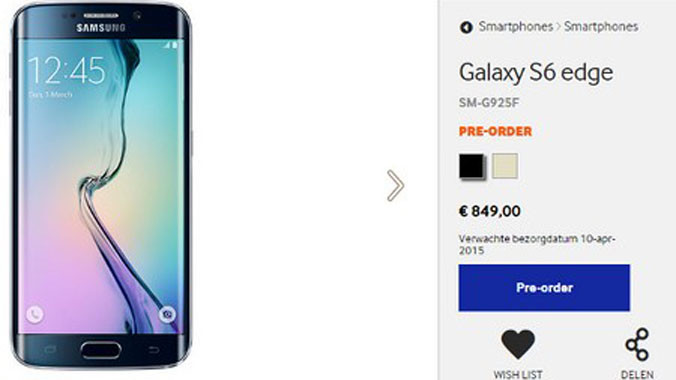 Mức giá đặt trước của Galaxy S6 Edge phiên bản 32GB tại Hà Lan.