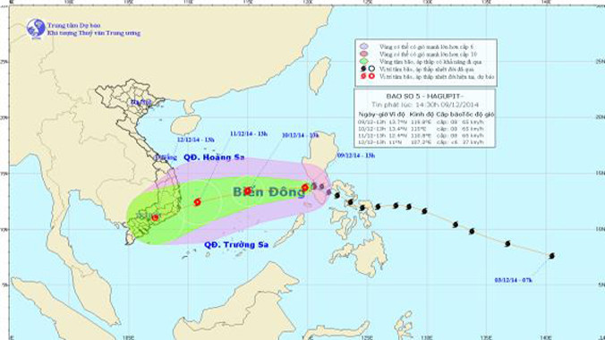 Hướng di chuyển của bão số 5. Ảnh: Trung tâm Dự báo khí tượng thủy văn TƯ.