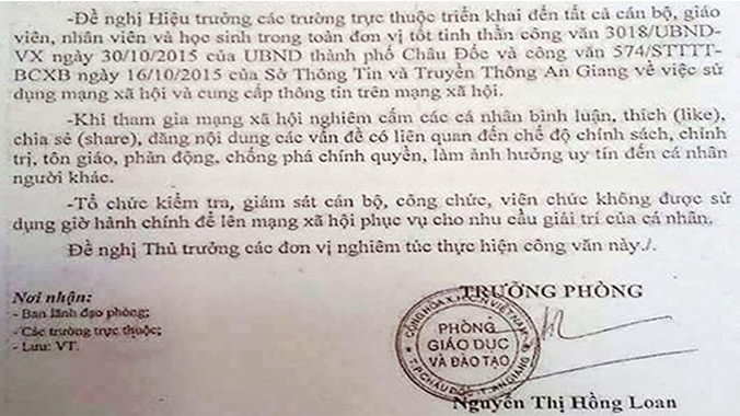 Công văn của Phòng Giáo dục và Đào tạo TP Châu Đốc, An Giang. Ảnh: CTV.