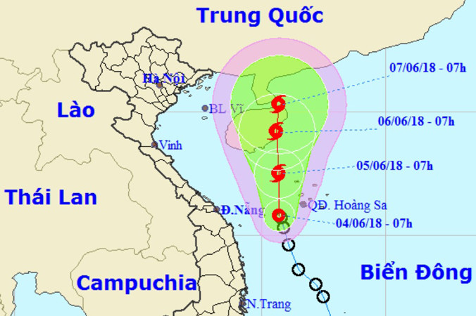 Vị trí và hướng di chuyển của áp thấp nhiệt đới. Ảnh: NCHMF.