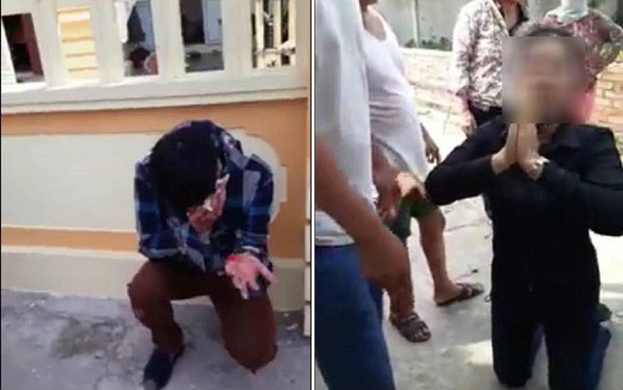 Đôi nam nữ bị đánh bầm dập vì nghi dùng thuốc mê cướp tài sản. Ảnh cắt từ clip