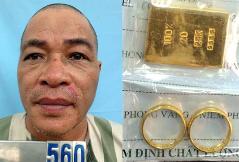 Nghi can Tuấn bị nạn nhân bắt giữ cùng miếng vàng giả để bẫy "con mồi". Ảnh: C.A