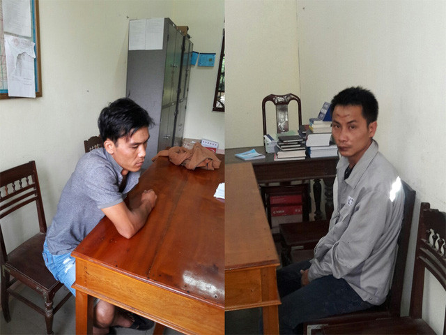 Đối tượng Thành (bên trái) và Thắng tại cơ quan điều tra