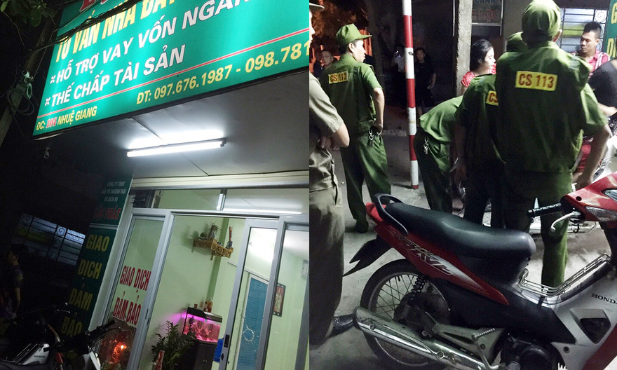 Lỗ thủng trên cửa ra vào nghi đạn bắn và lực lượng Công an đang phong tỏa hiện trường điều tra nguyên nhân