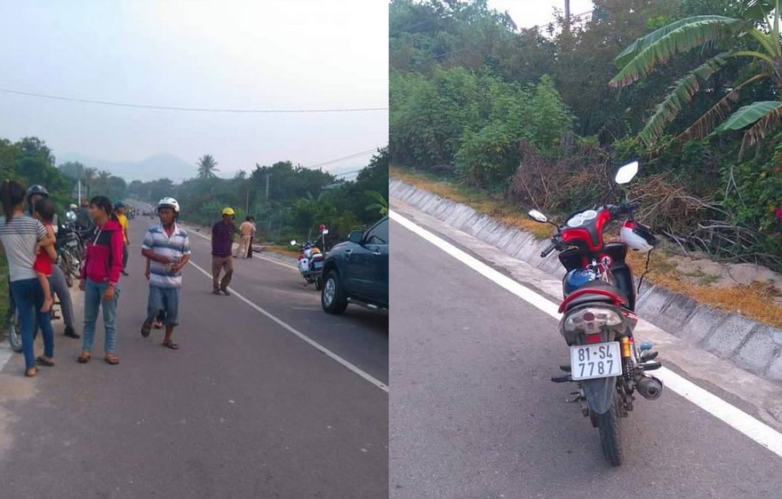 Hiện trường vụ việc và chiếc xe máy của 2 chiến sĩ công an điều khiển trước khi xảy ra sự việc