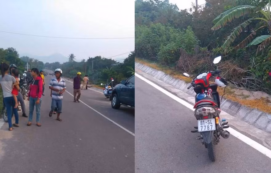 Hiện trường vụ việc và chiếc xe máy của 2 chiến sĩ công an điều khiển trước khi xảy ra sự việc