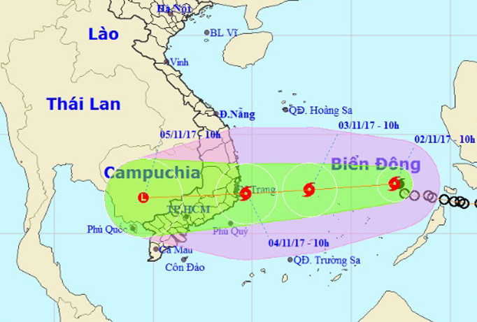 Dự báo đường đi và vị trí của cơn bão số 12. Ảnh: NCHMF.