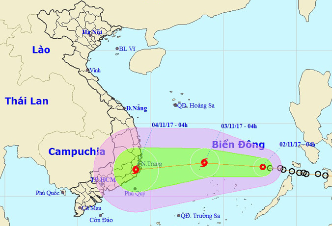 Dự báo đường đi và vị trí của áp thấp nhiệt đới. Ảnh: NCHMF.