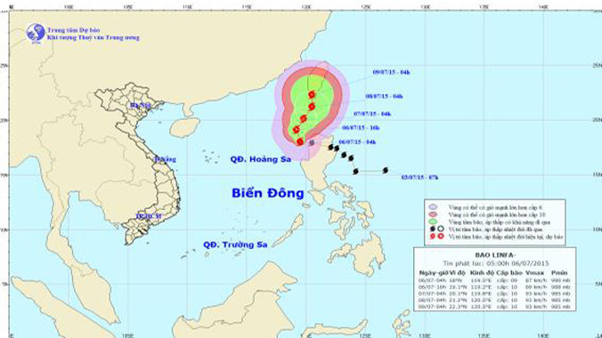 Dự báo đường đi và khu vực ảnh hưởng của bão LINFA. Ảnh: Trung tâm Dự báo khí tượng thủy văn TƯ.