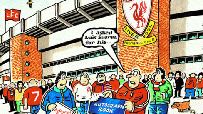 Tranh biếm họa về cầu thủ Suarez: Giờ không cần xin chữ ký của Luis Suarez mà là xin dấu răng (nguồn: internet)