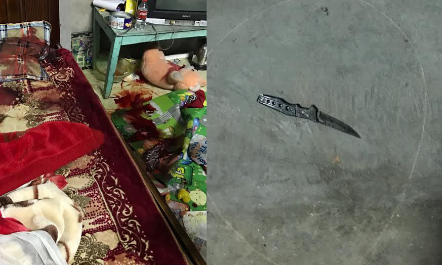 Hiện trường vụ việc và con dao được cho là nghi phạm đã dùng để gây án