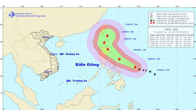 Vị trí và đường đi của bão NOUL. Ảnh: Trung tâm Dự báo khí tượng thủy văn TƯ.