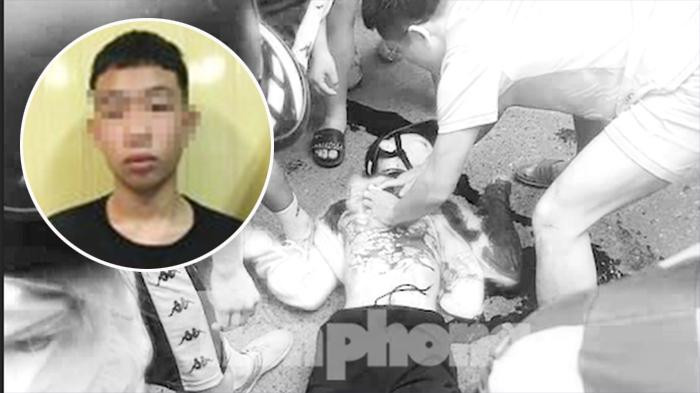 Nạn nhân bị đâm, chạy ra đến cổng sân bóng Cô Tô Canh thì gục xuống tử vong và nghi phạm chính của vụ án (ảnh nhỏ). Ảnh: Hoàng Long