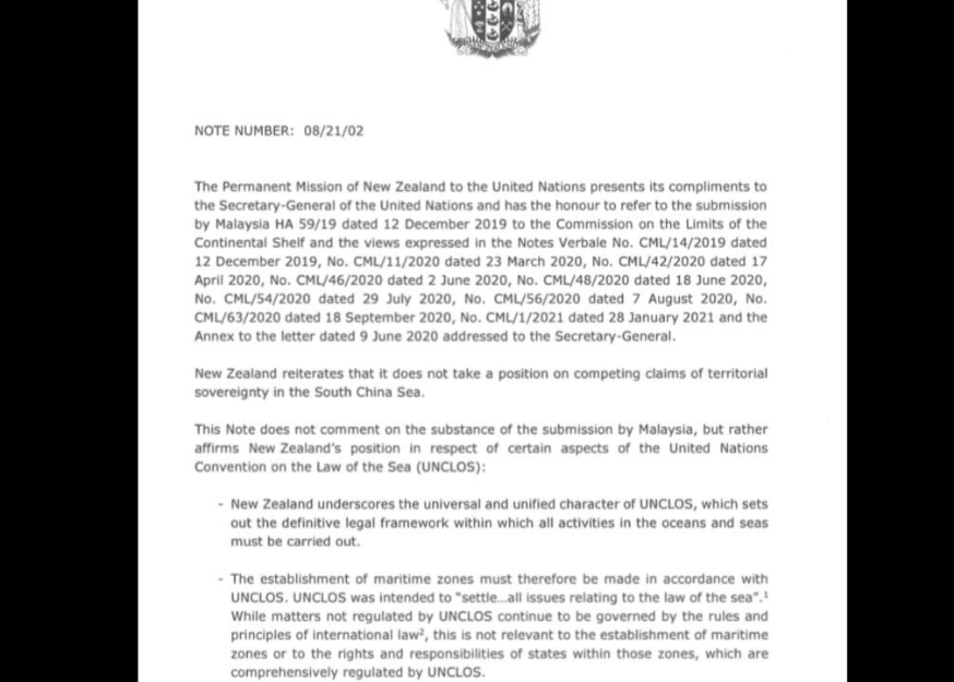 Hình ảnh công hàm của New Zealand gửi lên Liên Hợp quốc