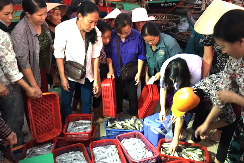 Hơn 5 giờ sáng qua, 3/5, cảng cá Cửa Sót, Cẩm Nhượng, Cẩm Xuyên tấp nập người bán, kẻ mua.