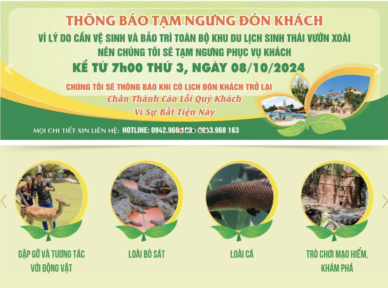 KDL Vườn Xoài thông báo tạm ngưng đón khách