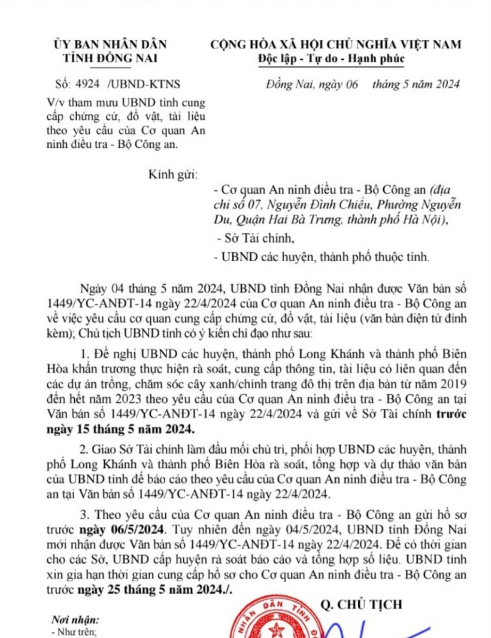 Văn bản của UBND tỉnh Đồng Nai yêu cầu các địa phương trực thuộc cung cấp thông tin