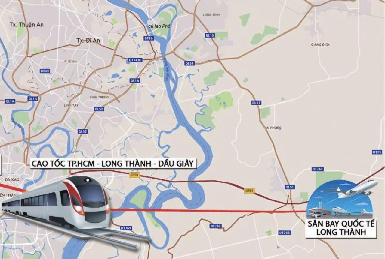 Sơ đồ hướng tuyến đường sắt Thủ Thiêm - Long Thành Sơ đồ hướng tuyến đường sắt Thủ Thiêm - Long Thành